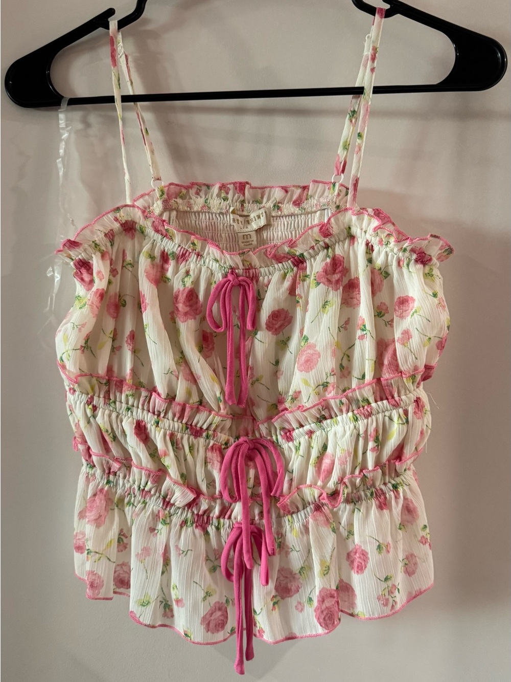 Floral Smocked Ruffle Camisole in Pink and White
